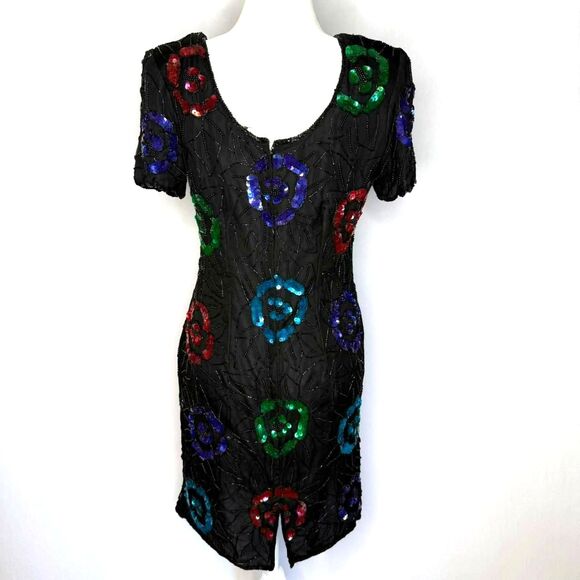 Vintage beaded sequin silk dress with flowers - Picture 3 of 6